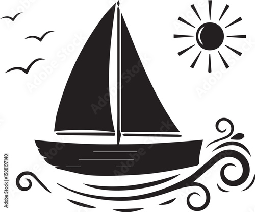 Black silhouette of a sailboat sailing on wavy water under a sunny sky with birds