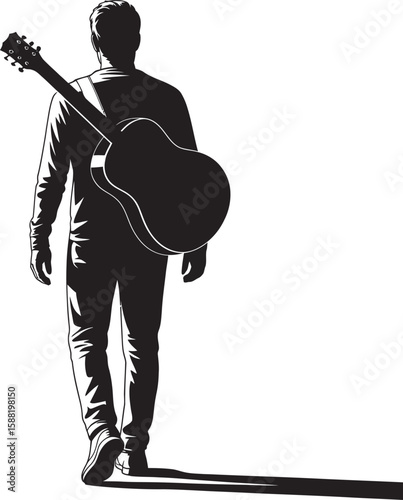 Silhouette of a man walking away carrying an acoustic guitar on his shoulder