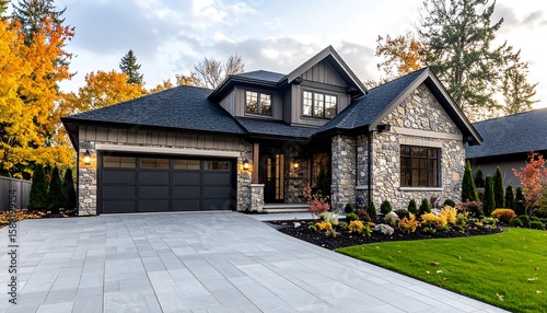Modern house with stone exterior and paved driveway
