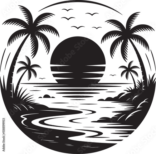Black and white silhouette of a tropical beach sunset with palm trees and birds