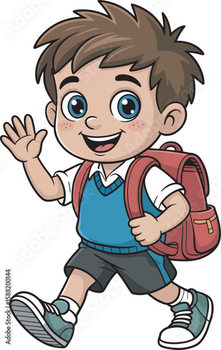 Happy cartoon boy with backpack waving hello and walking to school