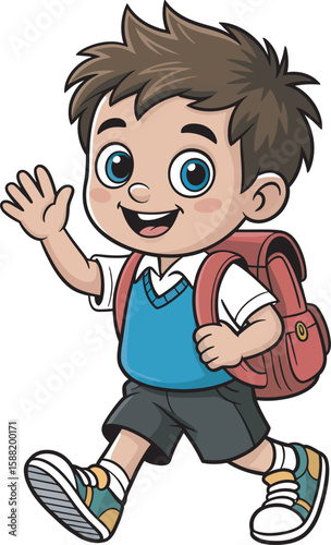 Happy cartoon boy with backpack waving hello and walking to school