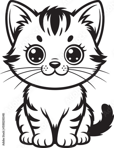 Cute cartoon black and white kitten with big eyes and stripes sitting