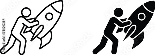 Two depictions of a person pushing a rocket, one outlined and one solid black