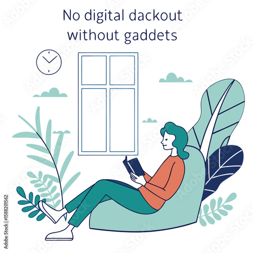 Woman reading a book while sitting on a beanbag chair near a window with plants and a clock on the wall