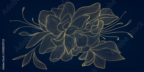 Vector golden line floral pattern, flower luxury art, vintage peony illustration. Spring bloom garden design.