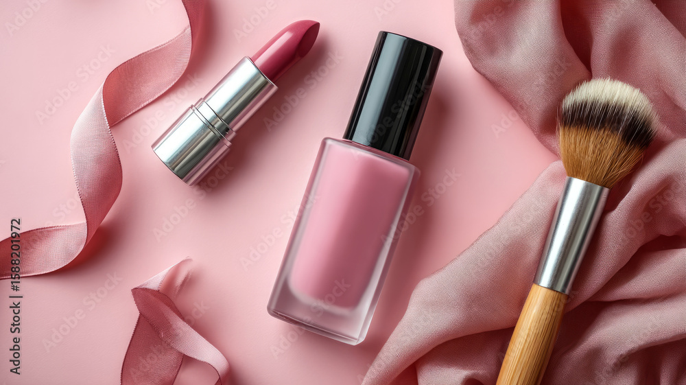 Obraz premium Makeup items and accessories on a pink background