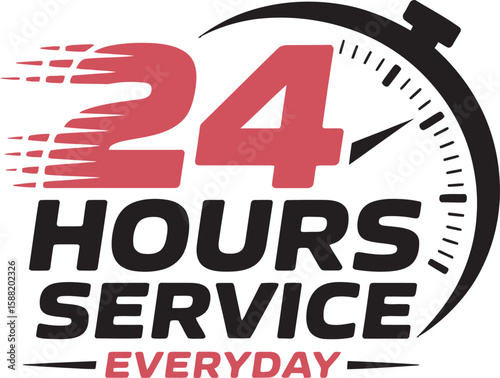 24 hours service everyday logo with stopwatch and speed lines