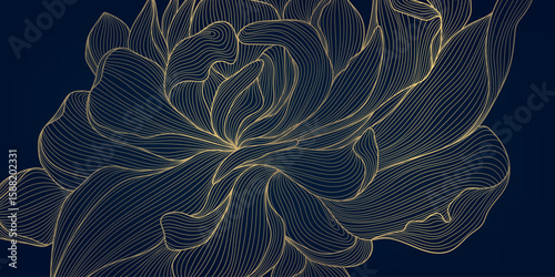 Vector golden line floral pattern, flower luxury art, vintage peony illustration. Spring bloom garden design.