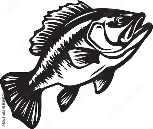 Black and white illustration of a largemouth bass jumping out of water