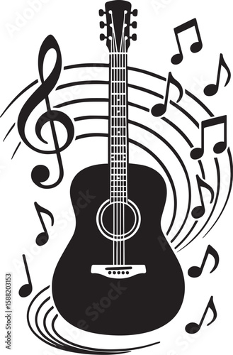 Acoustic guitar silhouette with treble clef and musical notes on staff