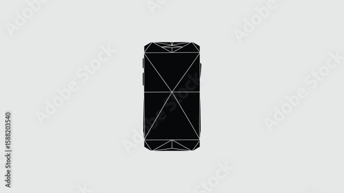 Wireframe mobile device shows a digital cell phone outline against a plain background in a tech design aesthetic.