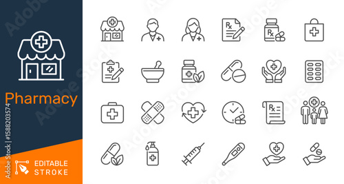Pharmacy thin line icon collection for healthcare, medicine and medical service concept. Editable stroke. Pixel perfect.