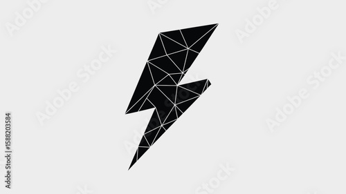 Low poly black lightning bolt design strikes against a clean, white backdrop with sharp lines and geometric shapes.
