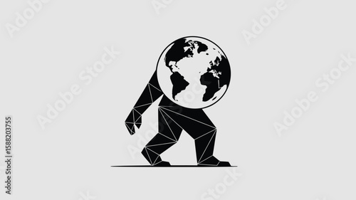 Atlas carries the world with a geometric pattern, representing global responsibility and the weight of environmental concerns on shoulders.