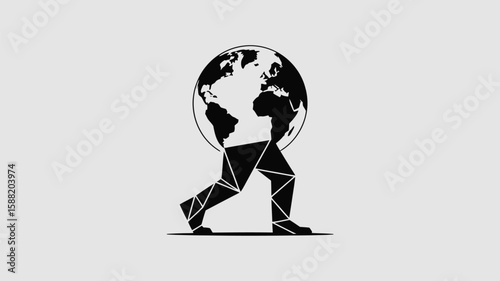 Minimalist global responsibility depiction with a polygon man carrying the Earth in a symbolic and conceptual representation for world issues.