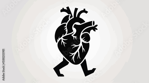 Animated heart illustration in black, walking or running, symbolising health, fitness, or cardiology, for medical designs.