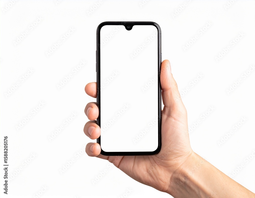 Hand Holding Smartphone with Blank White Screen in Portrait Orientation Against Plain White Background