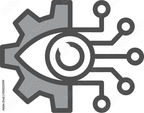 A stylized icon featuring a gear, an eye, and a circuit board connection design