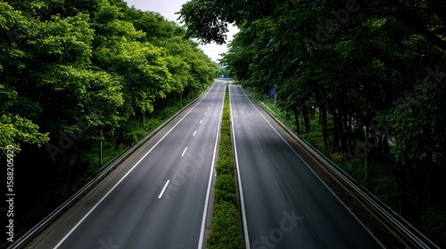 empty dual carriageway highway lined with lush green trees under  overcast sky