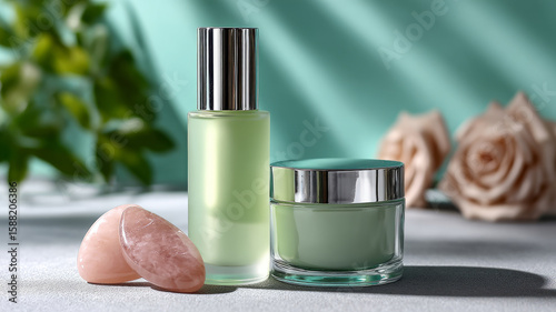Elegant skincare products with roses and stones on soft background.