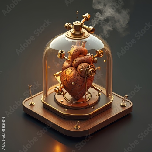 Mechanical Heart in Glass Dome Steampunk Art