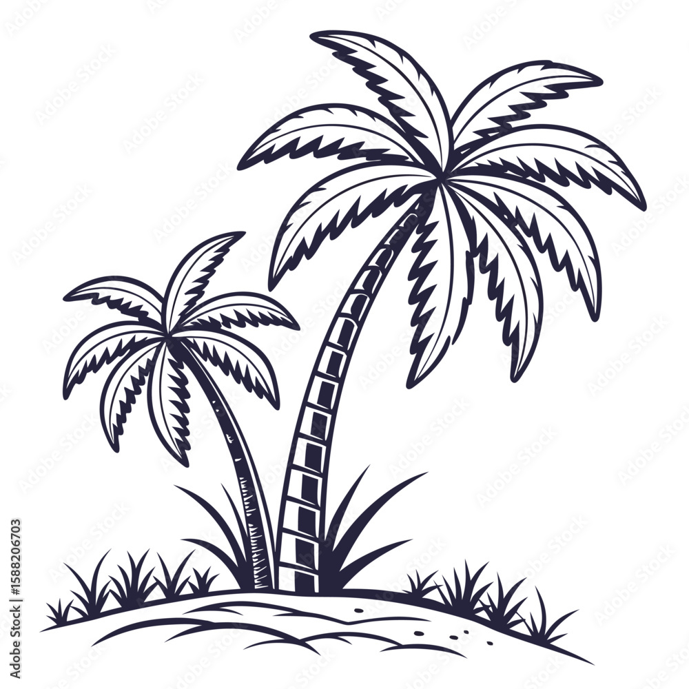 Obraz premium Tropical Paradise Scene with Two Palm Trees on a Sandy Beach with Lush Grass