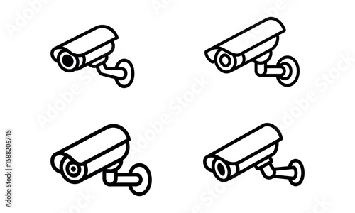 Outline vector icons of surveillance security cameras in side view style
