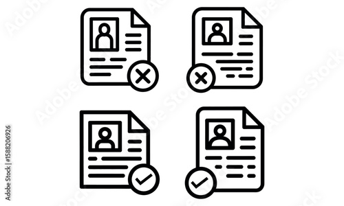 Vector icons of approved and rejected resumes with user photo and check or cross symbol
