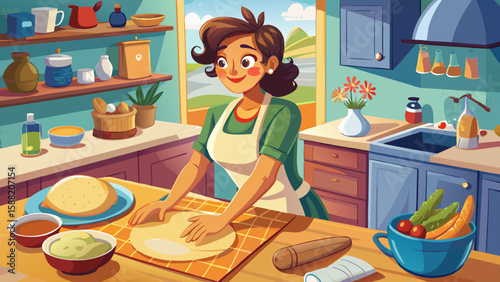 Woman kneading flour in kitchen, closeup