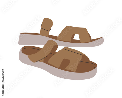 Casual women's elegant shoe wardrobe. Female fashion footwear beige sandals with crosswise straps footgear. Colored vector illustration of women's open shoes isolated on white background. Modern desig