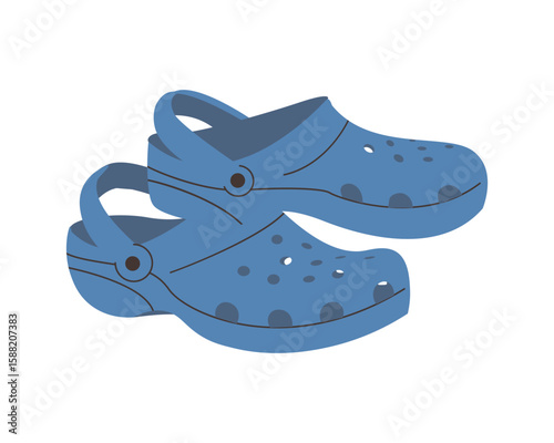 Blue crocs unisex slates. Colored vector illustration of women's or men's open shoes isolated on white background. Modern flop flip design. Casual shoe, sandals wardrobe. Summer closed-toe footgear.