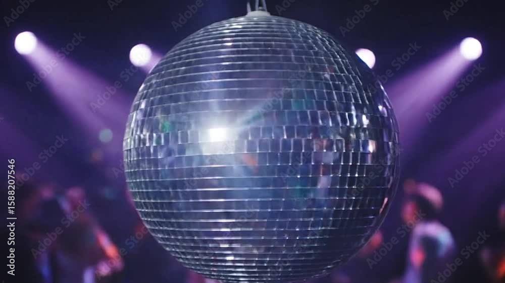 A mirrored disco ball hangs from the ceiling in a dark room lit by purple spotlights with blurred figures dancing below