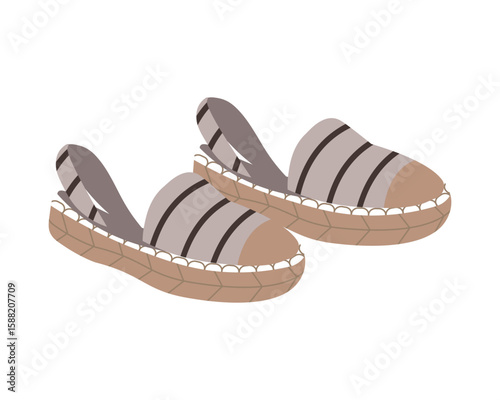 Espadrilles or modern closed-toe sandals with flat rope sole and canvas upper. Fashion trendy summer footwear. Colored vector illustration of women's open shoes isolated on white. Female footwear.