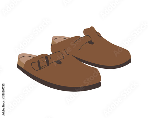 Leather beige sandals birkenstocks isolated on white background top view. Unisex summer shoes, genuine leather flip flops with cork soles. Stylish fashion summer footwear flat vector illustration.