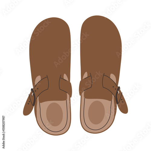 Leather beige sandals birkenstocks isolated on white background top view. Unisex summer shoes, genuine leather flip flops with cork soles. Stylish fashion summer footwear flat vector illustration.