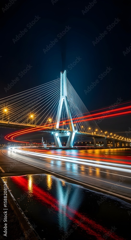 Obraz premium Illuminated Cable-Stayed Bridge Spanning Night Waters with Dynamic Light Trails of Passing Vehicles, Symbolizing Modern Urban Infrastructure and Connectivity