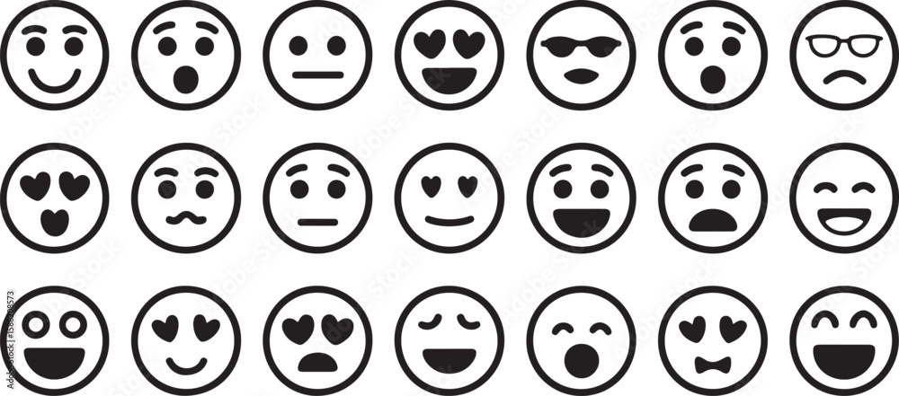 Black and White Circular Emoji Faces Icon Set Hand Drawn Style Various Expressions Love Sunglasses Glasses Black and White Circular Emoji Faces Icon Set Hand Drawn Style Various Expressions Love Sunglasses Glasses