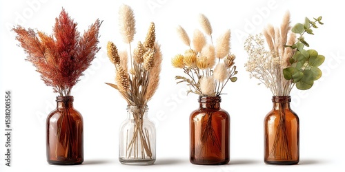 Dried flower arrangements in amber glass bottles