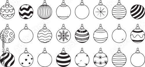 hand drawn doodle Christmas ball ornament elements set black and white traced vector illustrations blank templates wavy
