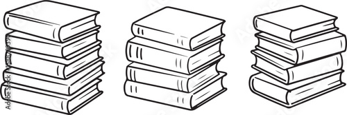 Three Stacks of Hand Drawn Sketch Books Black and White Line Art Book Stacks Set Isometric View Simple Design Education Reading