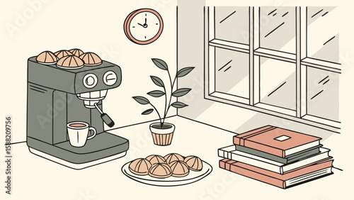 Aesthetic kitchen scene with coffee maker, pastries, books, plant, clock, and window view is shown