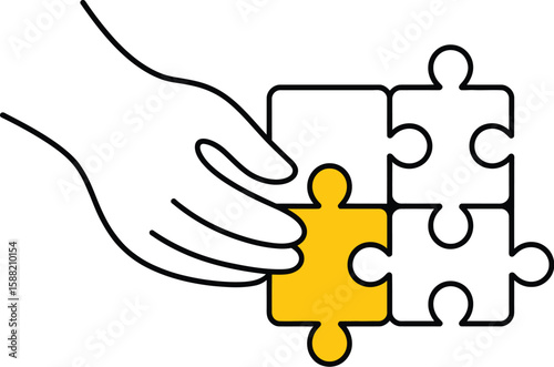 A hand placing a yellow puzzle piece into a group of white puzzle pieces