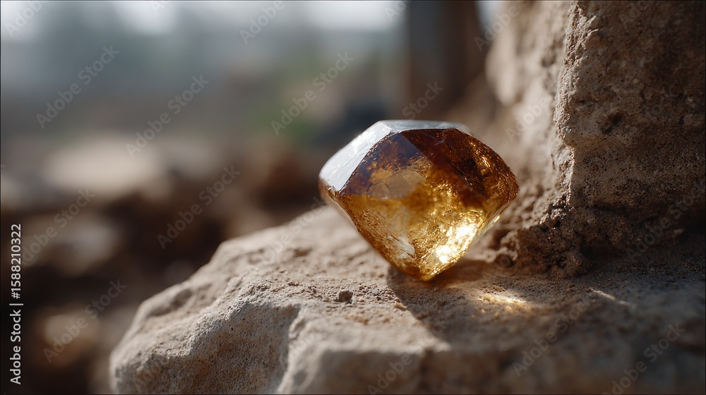 Fototapeta premium A single sparkling golden crystal rests on a textured rocky surface Gemstone