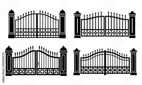 Black vector icons of decorative iron gates with pillars and vintage fence design
