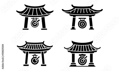 Black vector icons of asian temple with gong symbol in traditional roof design
