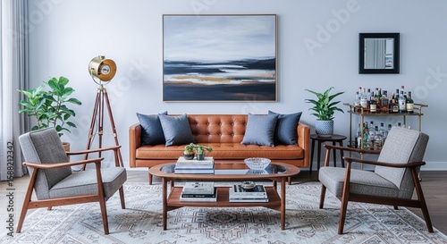 Modern living room with leather sofa, blue pillows, wood accents, and bar cart. Stylish & comfortable.