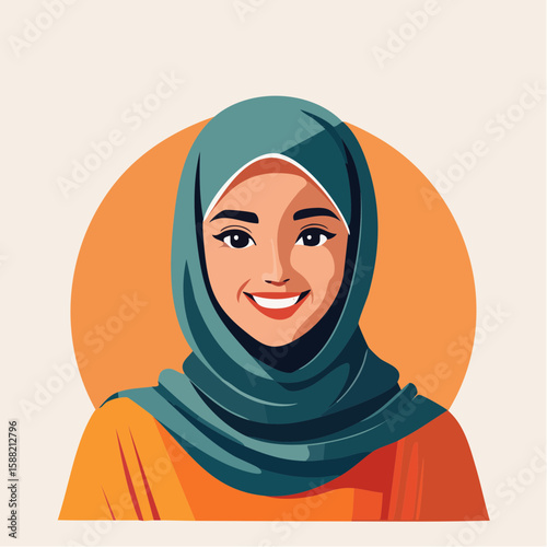 Flat vector portrait of a woman wearing a hijab with a soft smile, clean outlines and warm background color