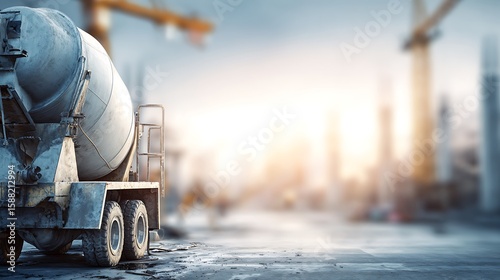Heavy-duty concrete mixer placed on the right, blurred construction background, space on left 