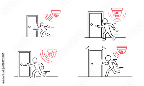 Vector icon set of intruder detection and security surveillance with cctv and motion alert
